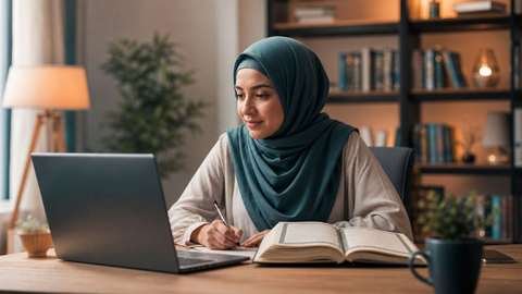 An adult woman in hijab smiling while attending an online Quran class on her laptop