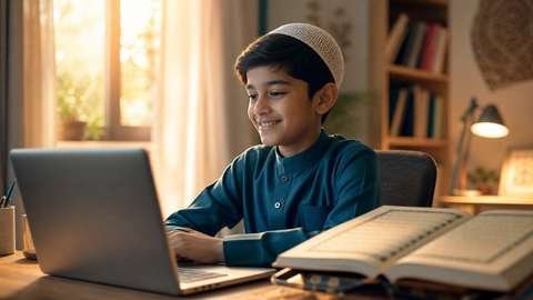 Young student attending a live online Quran class